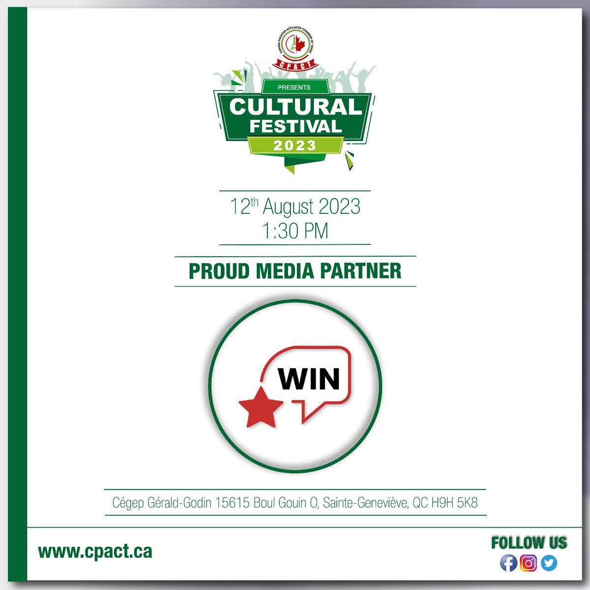 CPACTNEWS's tweet photo. Thrilled to welcome Win as a  Media Partner to Cultural Festival 2023! 🎉✨ Embrace the vibrant culture and join us for an unforgettable celebration. 

For more info: 🌐 https://t.co/UGkXcC7oNF

#culturalfestival2023 #cpact #win #mediapartner #canadacommunity #canadain \ https://t.co/0jW4dEQboh