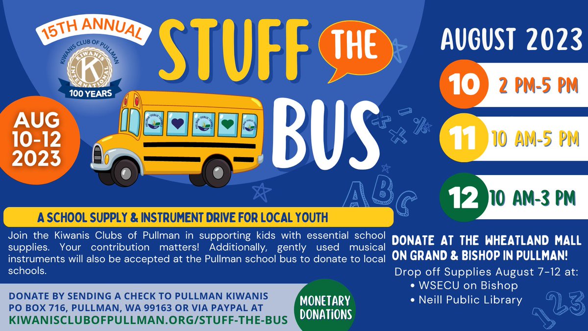 PullmanSD's tweet photo. The Kiwanis Club is hosting its 15th Annual Stuff the Bus School Supply &amp; Instrument Drive! Join us in supporting kids with essential school supplies from August 10-12! We hope to see you there! Learn more here: https://t.co/PF46nde0vm https://t.co/26mpEc75t5