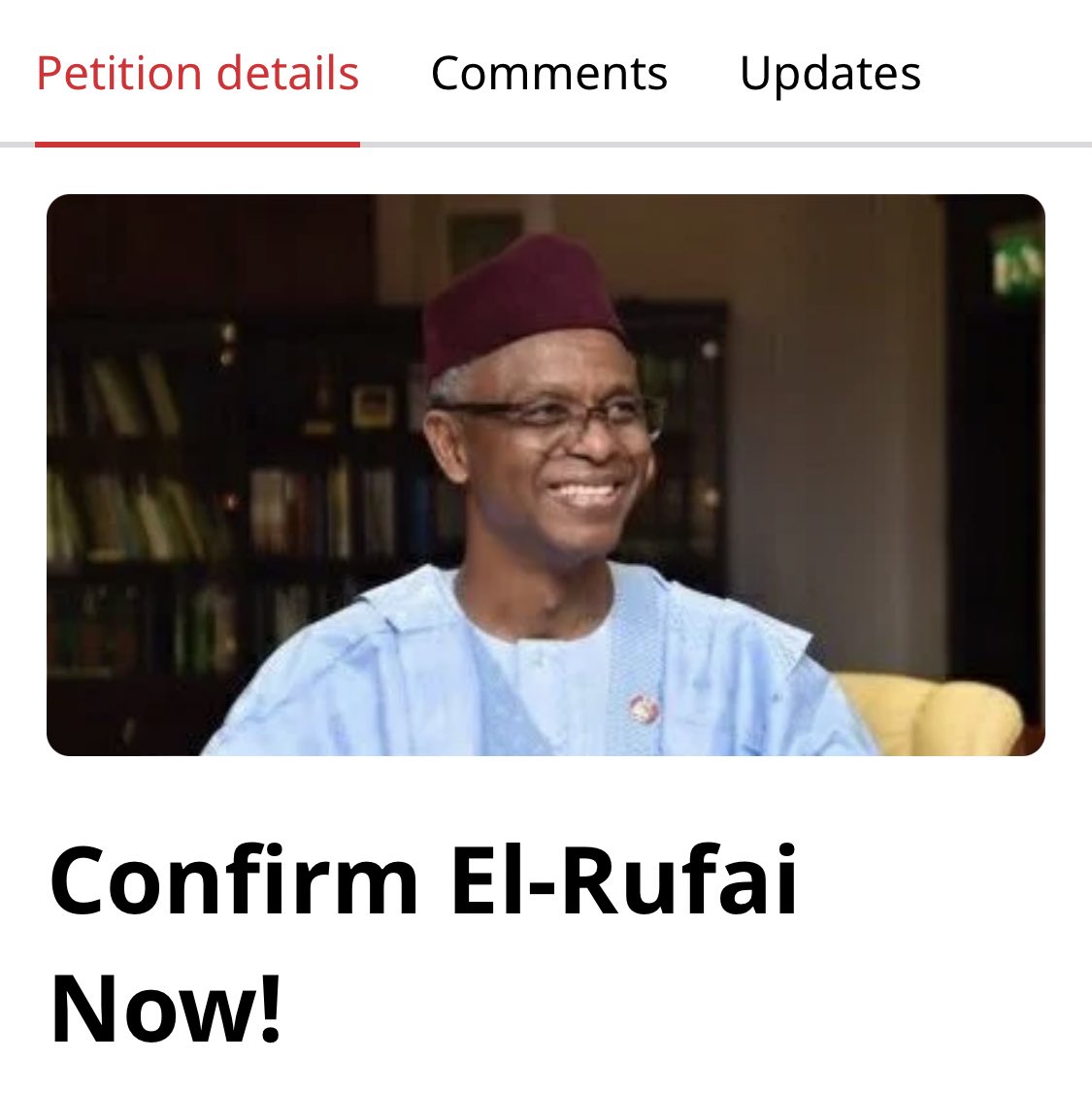 Sarki_sultan's tweet photo. Confirm El-rufai Now !!
Sign and retweet
https://t.co/IBgYyl7F3a https://t.co/aFPLtS5ZEd