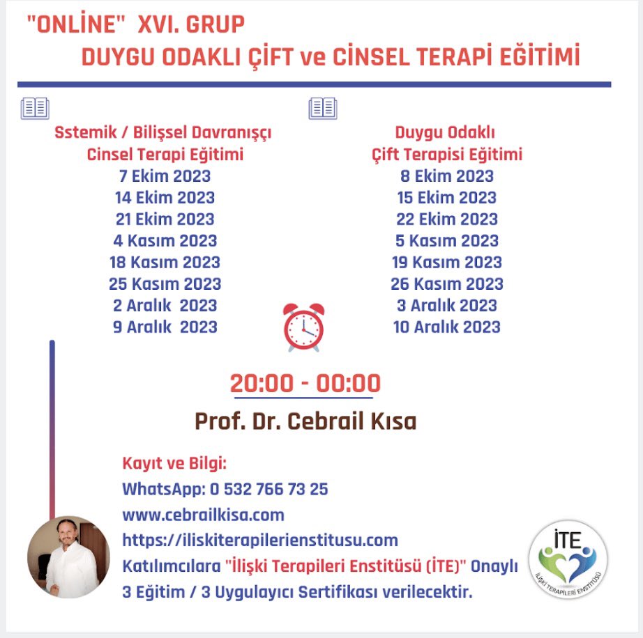 Merhaba Yeni Eğitim Grubu
 XVI. GRUP
ONLİNE-UZAKTAN EĞİTİM “DUYGU ODAKLI ÇİFT ve 
CİNSEL TERAPİ EĞİTİMİ” 
💢 “İLİŞKİ TERAPİLERİ ENSTİTÜSÜ” olarak 8 Modül olan ONLİNE “Duygu Odaklı Çift  ve Cinsel Terapi Eğitimi”  7-8 Ekim 2023 Başlıyor.