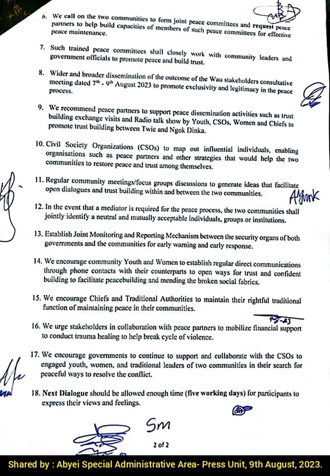 PatrickHeinisc1's tweet photo. Following a consultative meeting on August 7-9, representatives from Twic Mayardit community of #South_Sudan's #Warrap State and #Abyei’s Ngok Dinka call on their communities to cease hostilities without preconditions and to form joint peace committees to promote peace. https://t.co/Yof7mqNqXM