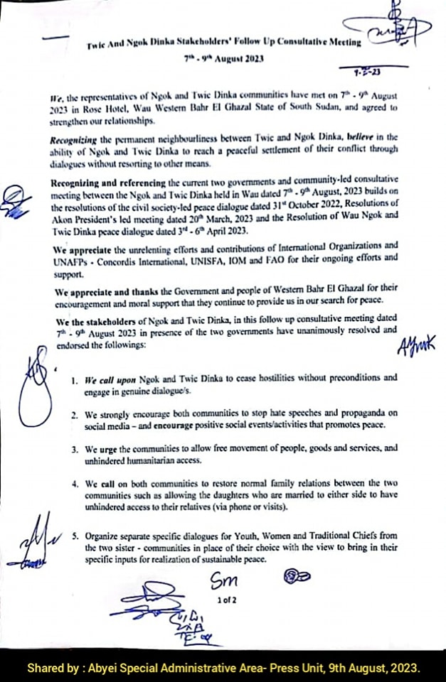 PatrickHeinisc1's tweet photo. Following a consultative meeting on August 7-9, representatives from Twic Mayardit community of #South_Sudan's #Warrap State and #Abyei’s Ngok Dinka call on their communities to cease hostilities without preconditions and to form joint peace committees to promote peace. https://t.co/Yof7mqNqXM