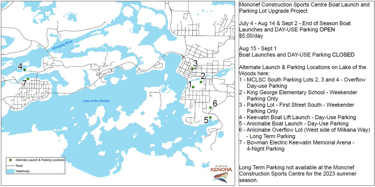CityofKenora's tweet photo. Starting today, Aug 15, the boat launches and parking lot at the Moncrief Construction Sports Centre are closed until September 1.

Find other boat launches with parking here:
https://t.co/xOlpSivwQK https://t.co/dOh3hULCAd