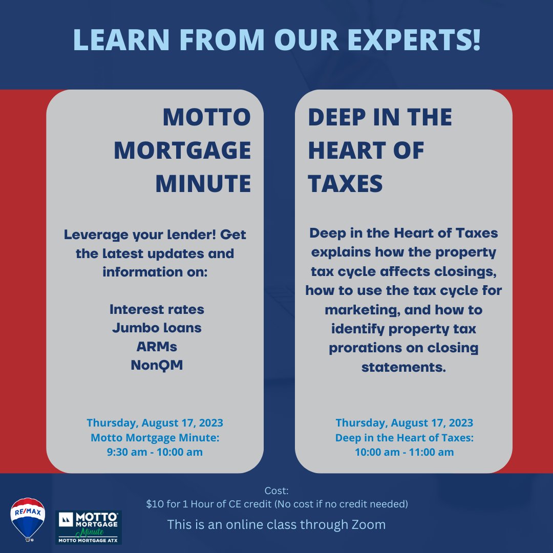 remax_1's tweet photo. Learn from our EXPERTS!! 😎 Deep in the Heart of Taxes explains how the property tax cycle affects closings, how to use the tax cycle for marketing, and how to identify property tax prorations on closing statements. Join Us August 17th! 

#RealEstate #ExpertAdvice https://t.co/oXoOuZDzE0
