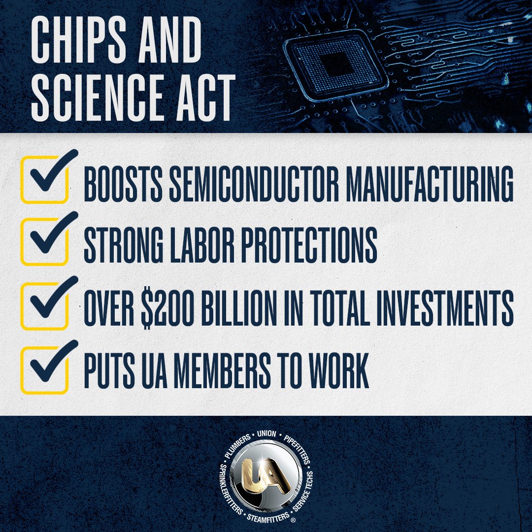UAPipeTrades's tweet photo. The CHIPS and Science Act became law one year ago today, ensuring UA members lead the charge constructing state-of-the-art semiconductor facilities. With strong labor protections attached, the UA is building the next generation of American manufacturing. https://t.co/gZrJJFas6m