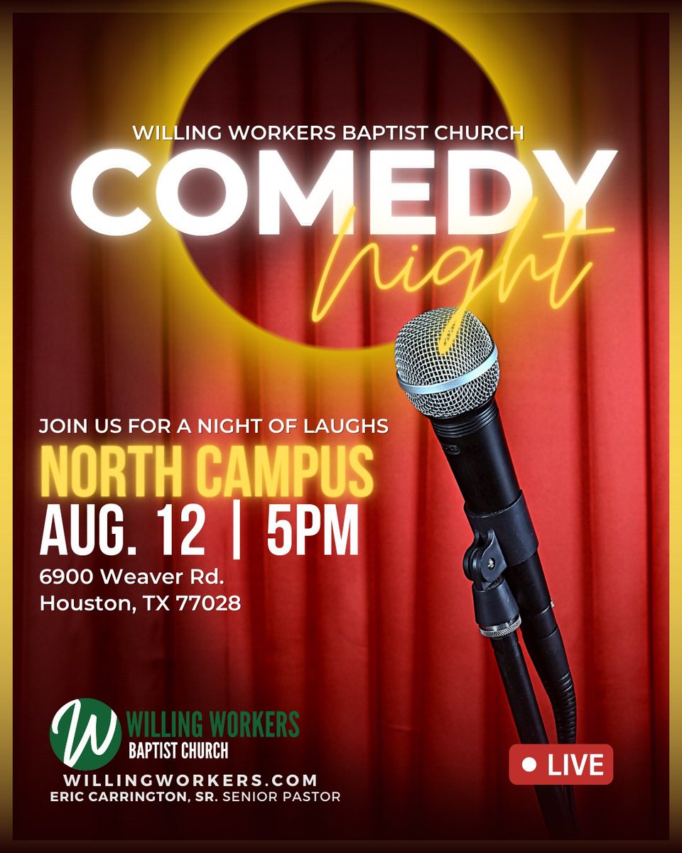 Willing_Workers's tweet photo. If you’re looking for some family friendly fun. Well join us for an evening of laughter Saturday 8/12 at 5pm at our North Campus. https://t.co/c1IccilvZB