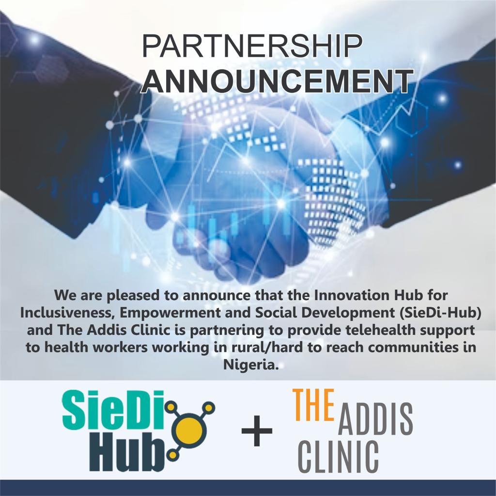 NEW PARTNERSHIP ANNOUNCEMENT 

It is with great joy we announce that @siedihub is partnering with The Addis Clinic to provide telemedicine support to health workers in rural / hard-to-reach communities in Nigeria. 

#communityhealth #telemedicine #healthsystemsstrengthening