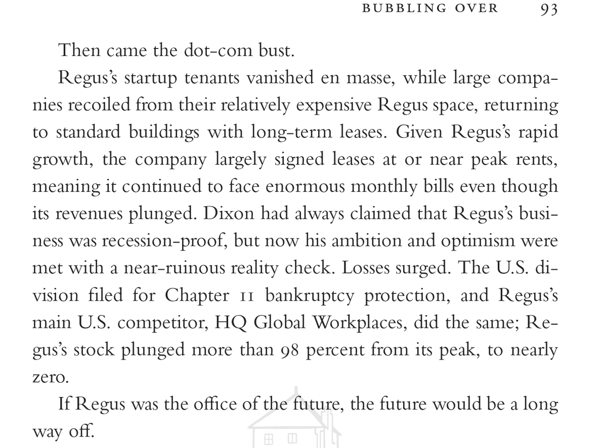 -A real estate subleasing company aimed at startups was way overvalued by investors

-grew rapidly in a tech bubble; billed as future of work

-a flamboyant founder was feted as a visionary

-bubble pops; demand plummets; stock near zero; US entity-->bankrupt

the company: Regus