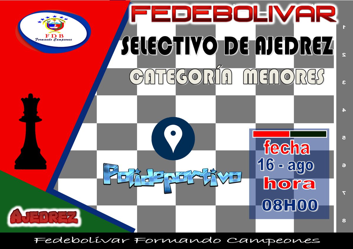 fedebolivar_ec's tweet photo. FEDERACIÓN DEPORTIVA PROVINCIAL DE BOLÍVAR
Selectivo de ajedrez en la categoría menores a desarrollarse en las instalaciones del polideportivo de la institución, el 16 de agosto de 2023. https://t.co/gu6oEcA6kw