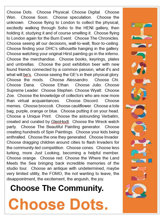 JustLook1ngNFT's tweet photo. So many memories of the last year of Damien Hirst’s The Currency, impossible to choose one!!  This made me think of the famous Trainspotting poster……@HENI #TheCurrency https://t.co/XQUTeDk2JV