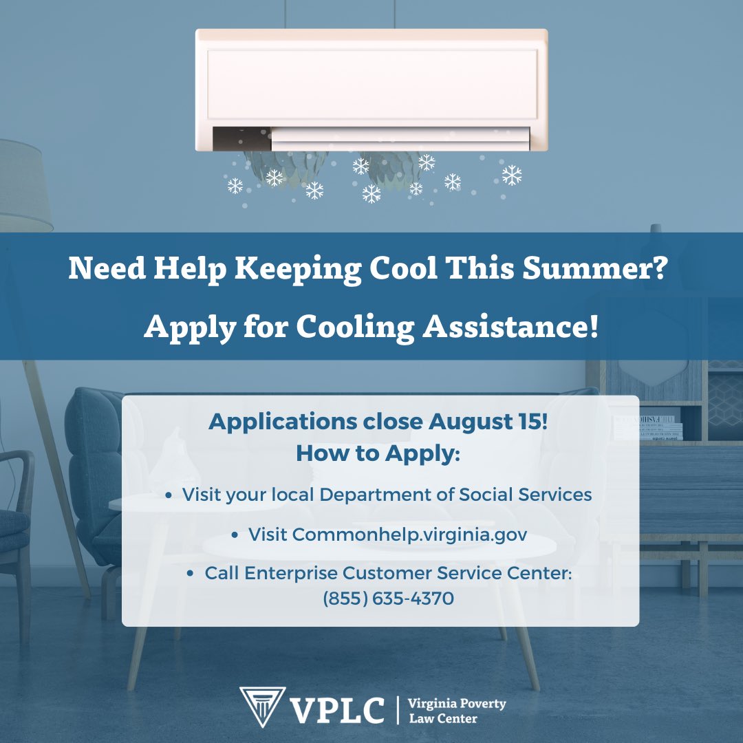 ‼️ Reminder that Cooling Assistance Applications close on August 15 ‼️ 
If someone in your household is age 60 or older, under age 6, or living with a disability, screen for eligibility at commonhelp.virginia.gov