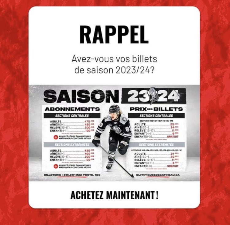 Rappel : les billets de saison 2023-2024 pour les olympiques dès maintenant soutenons notre équipe local à chaque match! 🏒 

Acheté les tiens et rejoins-nous pour une saison epique 🔥 

🎟 Billetterie: 819 327-1122 Poste 100 
Pour plus d'information 
Https//bit.ly/47k5WL5