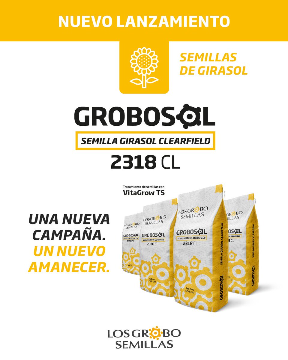Grupo_LosGrobo's tweet photo. 📣 ¡Nuevo lanzamiento!📣
🌻 #GroboSol, semilla de girasol clearfield 2318 CL tratada con #VitaGrow TS.
Más info 👉 https://t.co/EjtFF6VqwZ
📲 2396-634713 | 2395-407546
📧 martin.sackmann@losgrobo.com | valeria.pereyra@losgrobo.com
#GrupoLosGrobo #JuntosAgregamosValor 💪 https://t.co/o0BuiGyYts