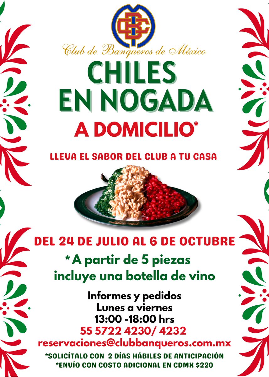 ¡No te quedes sin probar nuestros deliciosos chiles en nogada!
Llevamos el sabor del Club hasta tu casa, llama al 555722 4230 o manda un correo a
reservaciones@clubbanqueros.com.mx 
#chileennogada #tradición #servicioadomicilio #centrohistorico #platillo #mexicano #restaurante