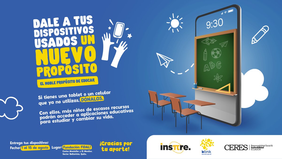 InspireEcuador's tweet photo. Queremos invitar a cada uno de ustedes a sumarse a esta noble causa. Si tienes dispositivos electrónicos usados en buen estado que ya no necesitas, ¡puedes marcar la diferencia! https://t.co/tMS7HeCki6