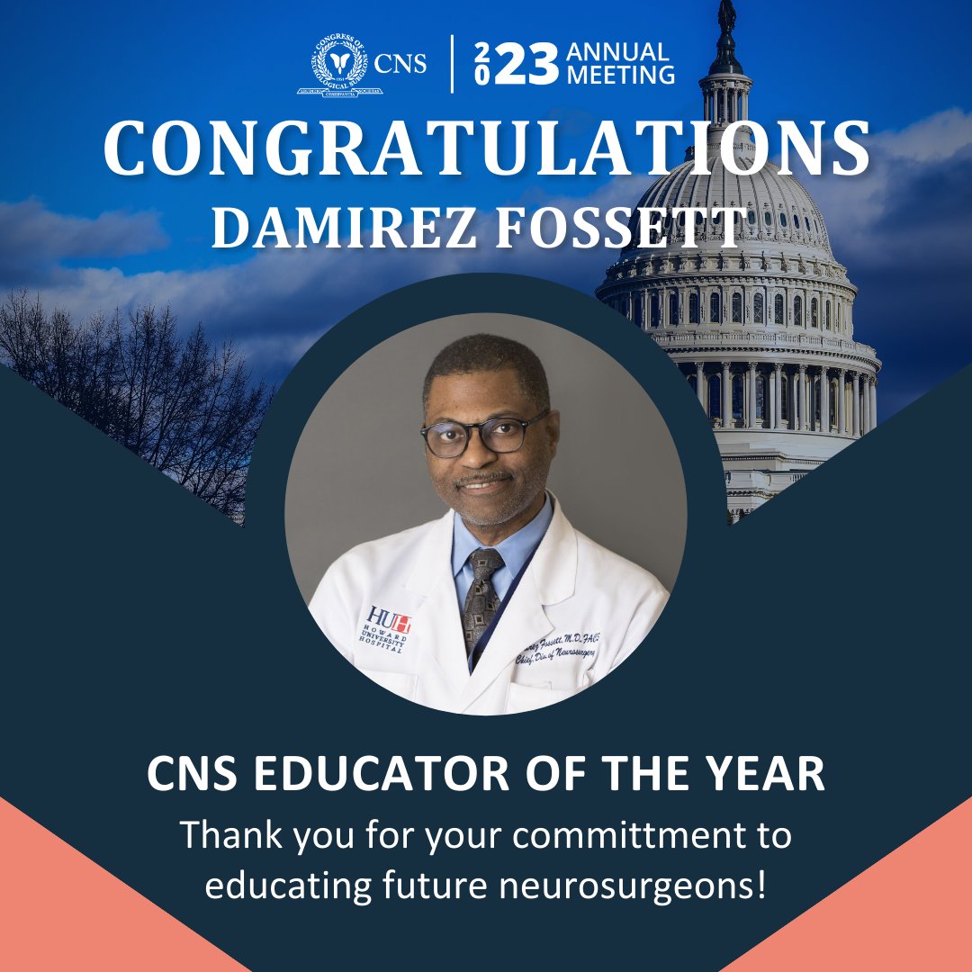 Congrats to CNS Educator of the Year, @DamirezFossett! A professor at Howard University, he engages underrepresented students & provides them with unique neurosurgical opportunities. We appreciate his help with the Medical Student Sessions at #2023CNS. bit.ly/3DNaZ9t