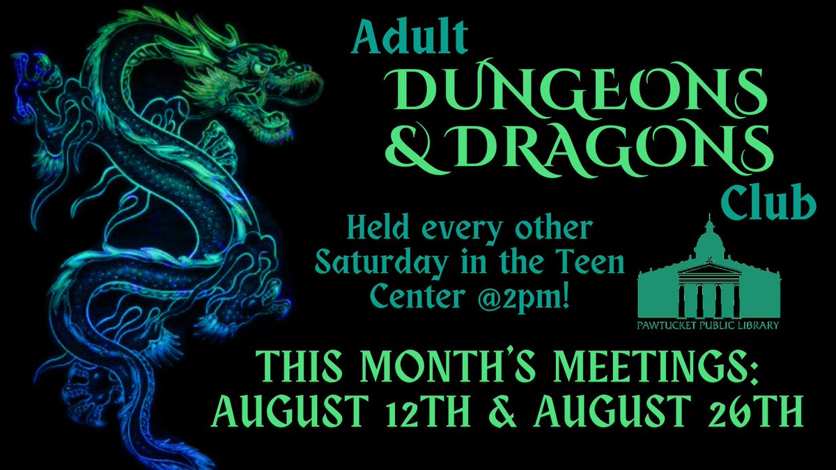 PawtucketPL's tweet image. Join us for our Adult Dungeons and Dragons Club meetings, held every other Saturday! If you have questions please contact us via the library website: pawtucketlibrary.org/how_do_i/conta… #pawtucketpubliclibrary #adultprograms #adultddclub