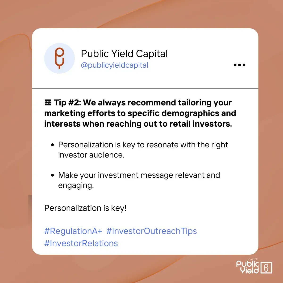 We recognize the importance of building strong relationships with investors. By implementing this tip, you can enhance your Investor Outreach strategy and maximize your chances of success in your Regulation A+ raise 🚀

Contact us today to learn more: buff.ly/3JVKP7Z