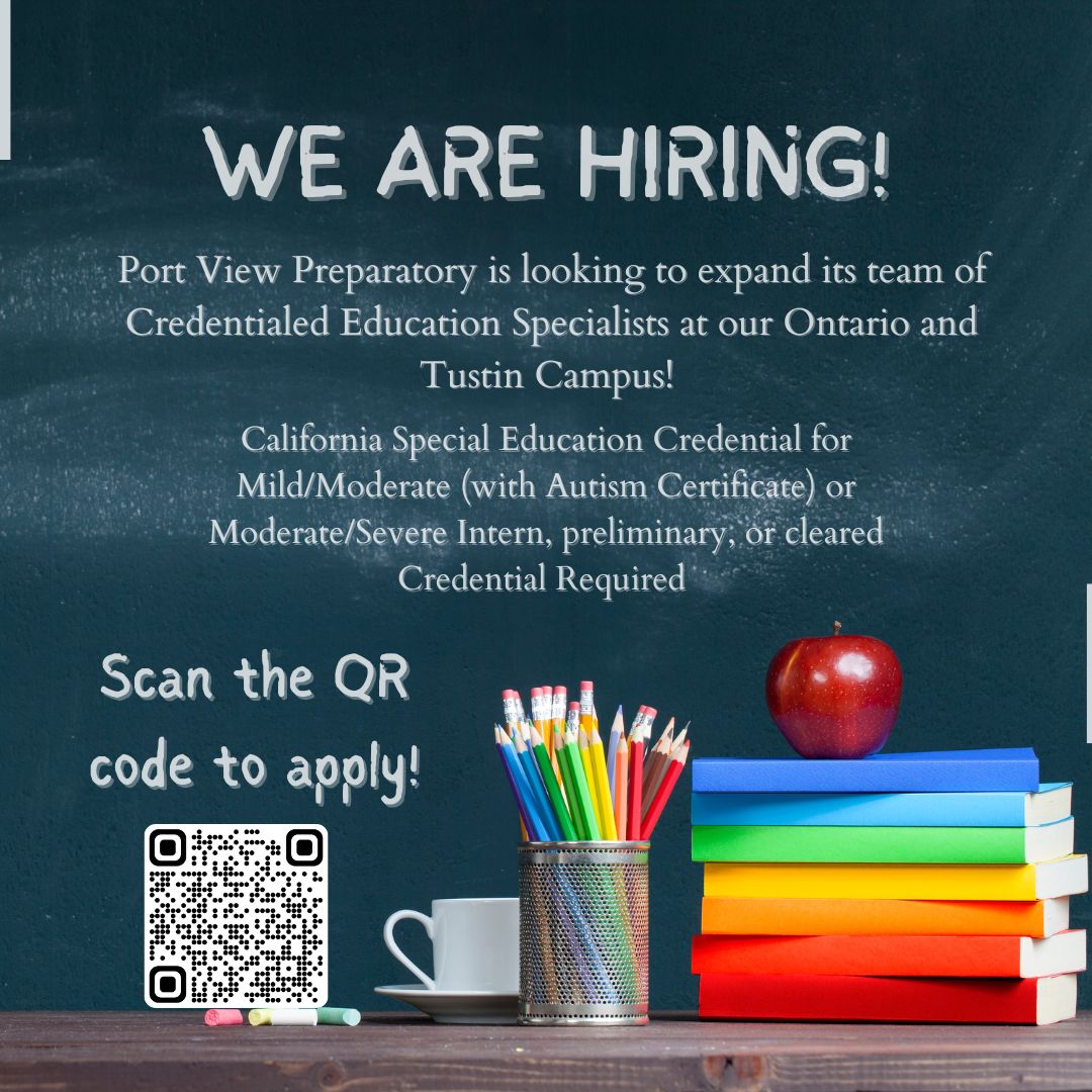 We're looking for Credentialed Education Specialists at our Ontario and Tustin campuses! 📚🍎

Apply via the QR code, LinkedIn, Edjoin, or email your resume directly to Herlinda at hzavala@portviewpreparatory.com. Help us spread the word by reposting! 

portviewpreparatory.com/contact-us/