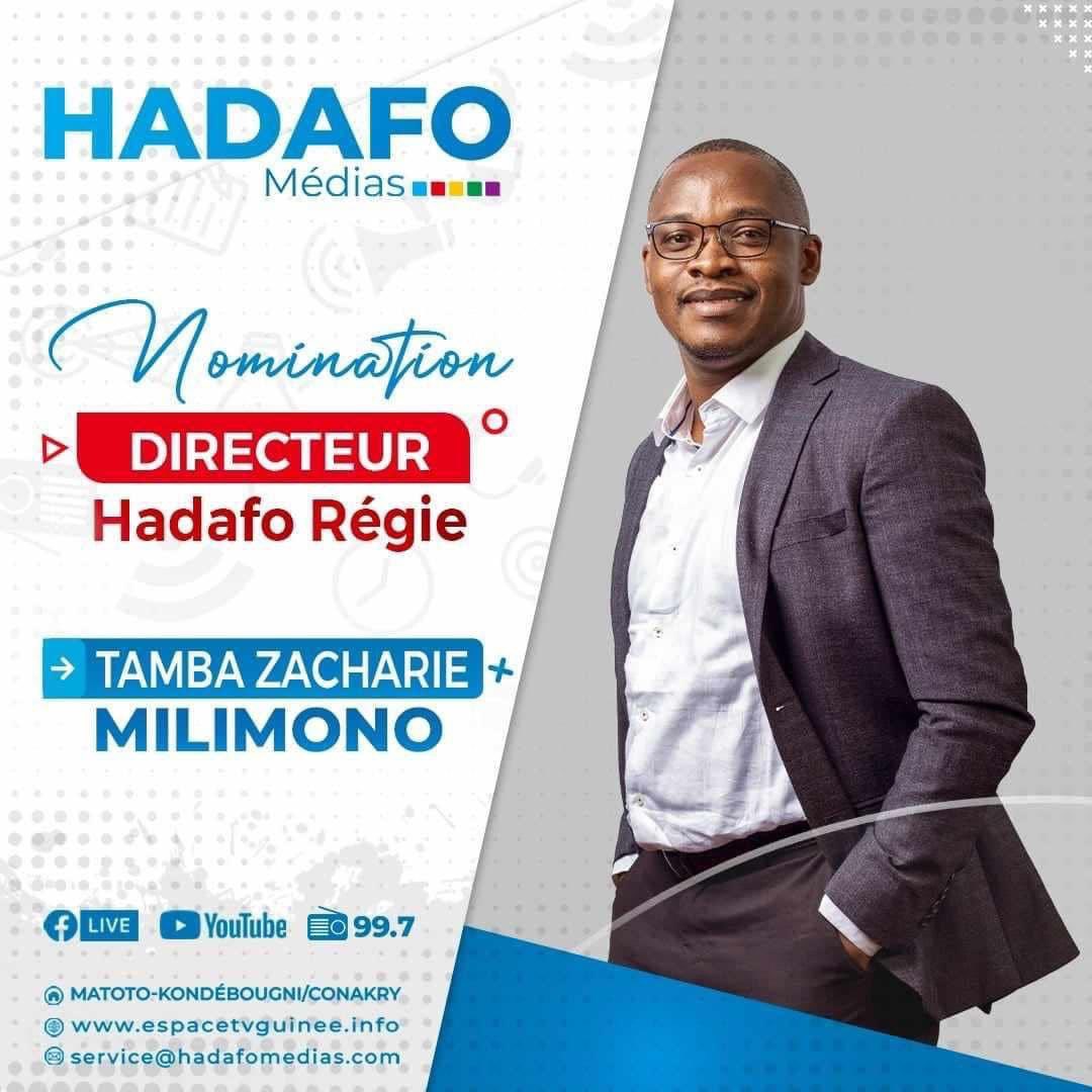 Félicitations à vous Monsieur Tamba zacharie Millimono pour votre nomination au poste de Directeur d’Hadafo Regie.
<a href="/LamineGuirassy/">LAMINE GUIRASSY</a> <a href="/HadafoMedias/">Groupe Hadafo Medias</a> <a href="/espaceTV_gn/">Espace TV Guinée ( Europe )</a>