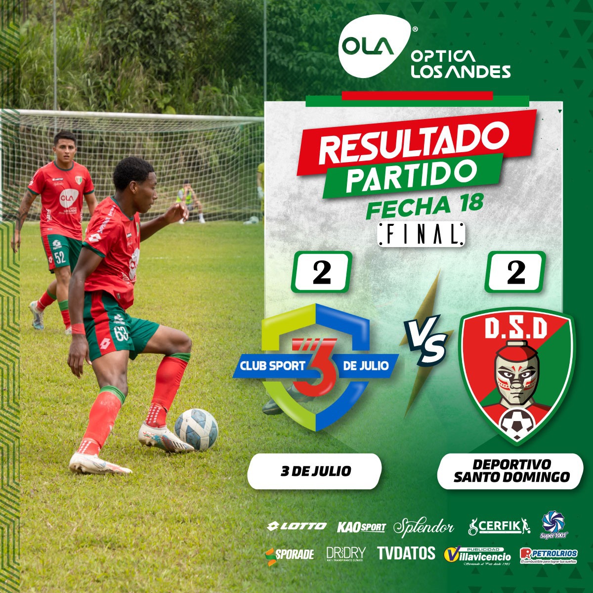 Gracias por acompañarnos en el partido de hoy, lo dimos todo en la cancha.
Empatamos 2-2 ante 3 de Julio.
⚽ Goles:
'63 VASQUEZ
'72 J. ANGULO

Paso a paso rumbo al objetivo. 
#deportivosantodomingo #elequipodelaciudad #elequipodetodos #juntossomosmasfuertes