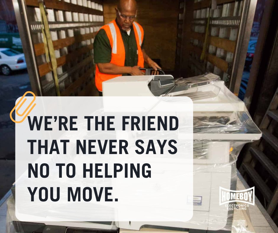 Whether you’re moving across town or just to the cloud, let Homeboy Electronics Recycling handle the heavy lifting! 💪 Our experienced professionals will take charge of inventorying your equipment, safe device removal, and secure transportation. hubs.ly/Q01Zxgz60