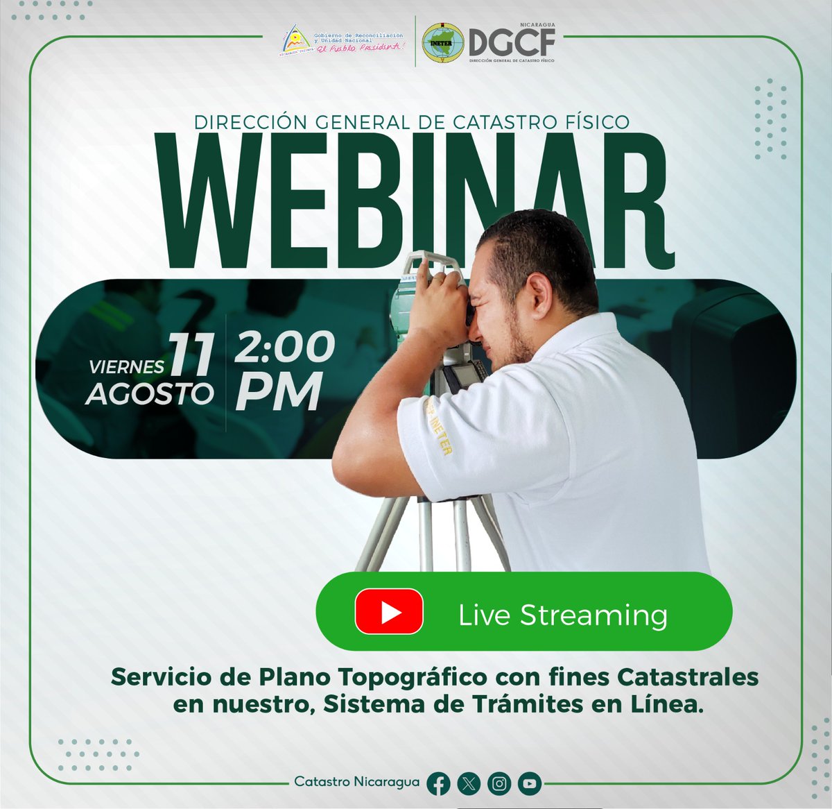 #Nicaragua 🇳🇮 | ⚠️ ¡Atención Abogados, Topógrafos y Gestores! La Dirección General de Catastro Físico, en su calidad rectora del Catastro Nacional, tiene el agrado de invitarte a nuestro 𝑾𝑬𝑩𝑰𝑵𝑨𝑹🌐🎥🖱 a través de nuestro canal  youtube.com/c/DirecciónGen… // #CatastroNicaragua