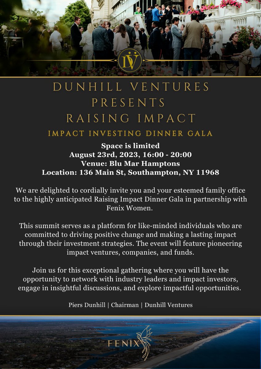vctaskforce's tweet photo. Fenix is hosting an investor dinner gala in the Hamptons, NY 8/22/23 with 100 investors($1M is typically the size of investment per investor). Share it with your friends or let us know if you're interested! https://t.co/sT5HojBNEi