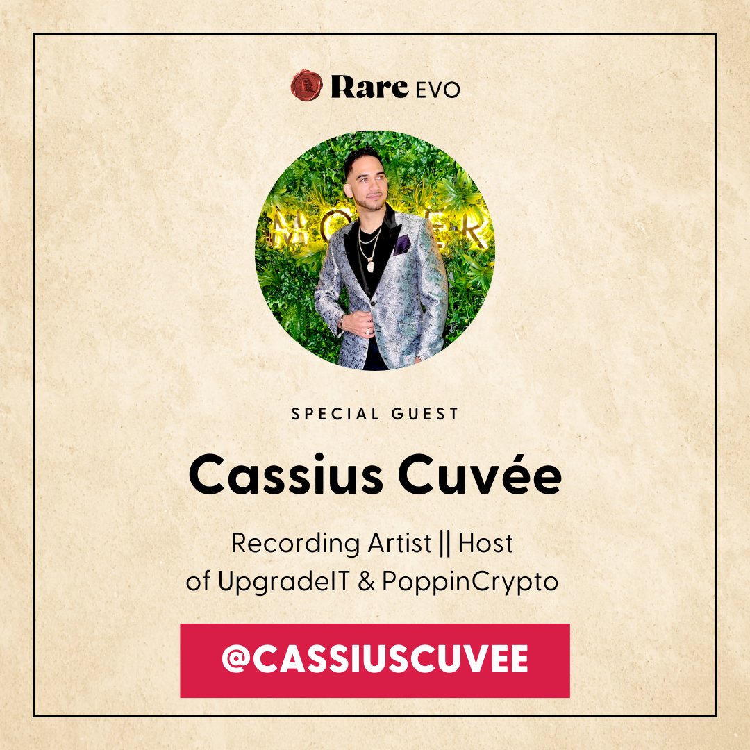 RareEvo's tweet photo. Super excited to announce that @CassiusCuvee will be in attendance for #RareEvo23! 🥳 

Recording artist and host of #UpgradeIT &amp; #PoppinCrypto, Cassius is sure to bring the good vibes! 🍾 https://t.co/JriiXQpLMk