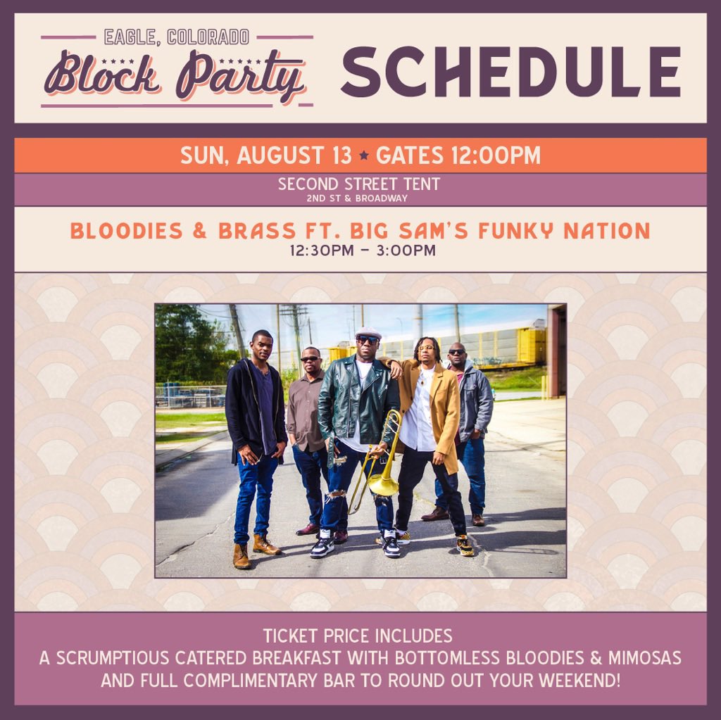 blockpartyeagle's tweet photo. 🚨UPDATED BLOCK PARTY 2023 SCHEDULE🚨

Swipe for our full weekend schedule. Don’t forget, tickets are still available for our Sunday Brunch! Your ticket to see @bigsamsfunkynation includes breakfast, a complimentary bar, bottomless mimosas &amp; bloodies made with @sendysauce ! https://t.co/9UWyeVlqKU