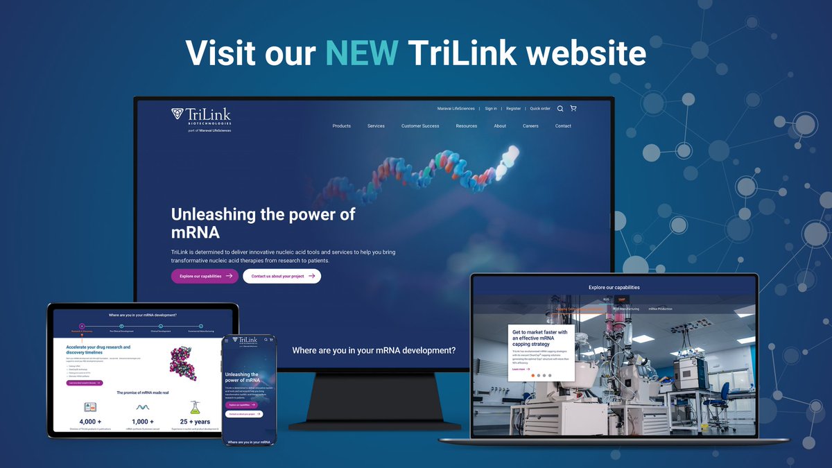 TriLinkBioTech's tweet image. Our refreshed #website is designed with you, our customers in mind to provide resources at each step of the drug or assay development process.
trilinkbiotech.com
#unleashthepowerofmRNA #determinedtodeliver #mRNA #nucleicacid