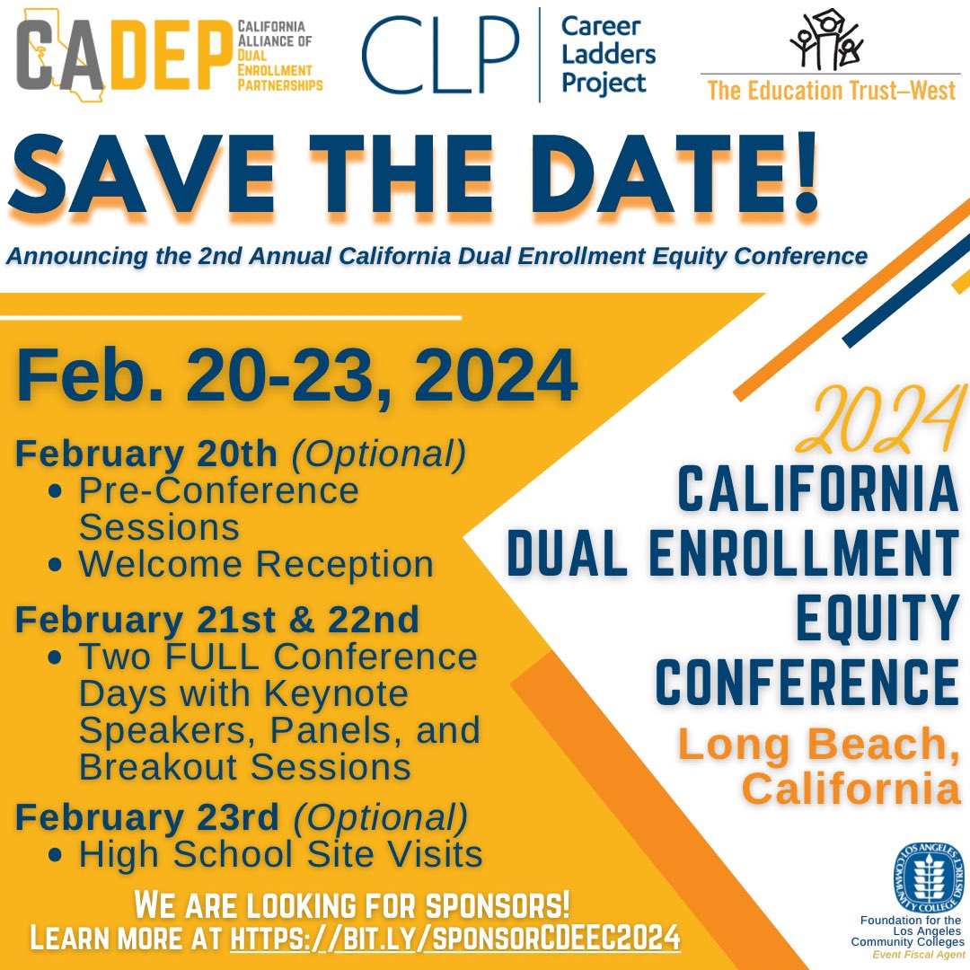 CA Alliance of Dual Enrollment Partnerships (@_cadep) on Twitter photo Need exciting news to get you thru the rest of the week? Here it is! The California Dual Enrollment Equity Conference is coming to LONG BEACH! Mark your calendars for Feb. 20-23! You won't want to miss it!
<a href="/clporg/">CareerLaddersProject</a> <a href="/EdTrustWest/">EdTrust-West</a>
Want to sponsor? Visit bit.ly/sponsorCDEEC20… Need exciting news to get you thru the rest of the week? Here it is! The California Dual Enrollment Equity Conference is coming to LONG BEACH! Mark your calendars for Feb. 20-23! You won't want to miss it!
<a href="/clporg/">CareerLaddersProject</a> <a href="/EdTrustWest/">EdTrust-West</a>
Want to sponsor? Visit bit.ly/sponsorCDEEC20…