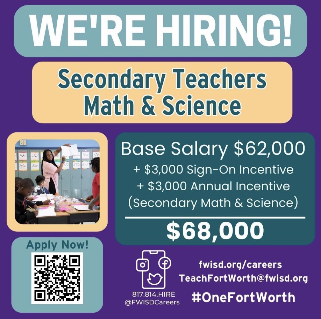 We are hiring at Fort Worth ISD!  #hiring #teachers <a href="/FWISDCareers/">FWISD Careers</a> #OneFortWorth <a href="/TTHSBulldogs/">Trimble Tech High School</a> <a href="/IMTerrellFWISD/">I.M. Terrell Academy for STEM and VPA</a>