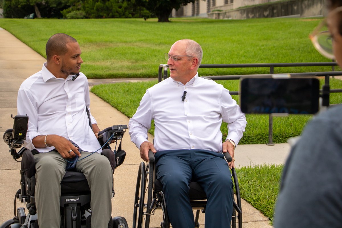 LouisianaGov's tweet photo. They say to understand someone you need to walk a mile in their shoes. Well to understand the challenges facing Louisianans who rely on wheelchairs, I rolled around the capitol in a wheelchair at the invitation of Mark Raymond Jr., who is raising awareness on this issue. #lagov https://t.co/yimnfNt3cy