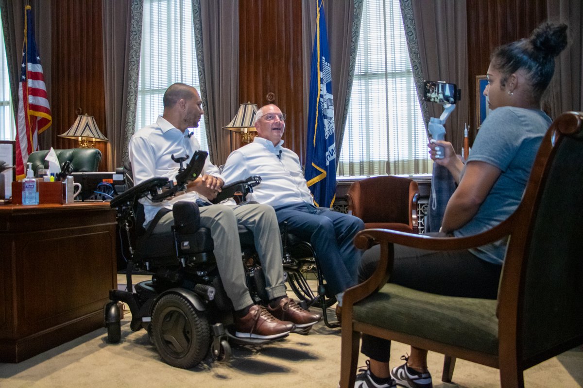 LouisianaGov's tweet photo. They say to understand someone you need to walk a mile in their shoes. Well to understand the challenges facing Louisianans who rely on wheelchairs, I rolled around the capitol in a wheelchair at the invitation of Mark Raymond Jr., who is raising awareness on this issue. #lagov https://t.co/yimnfNt3cy