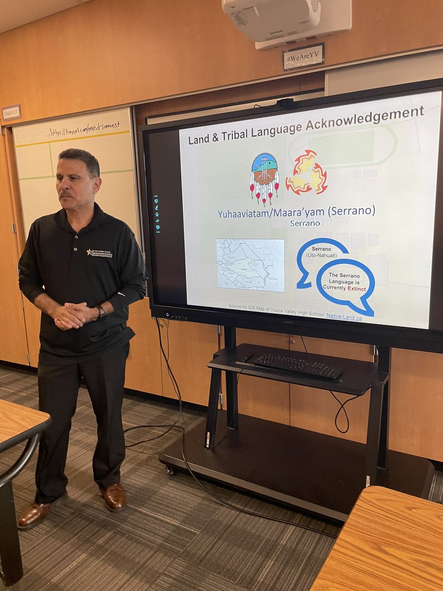 Launching w/ a #LandAcknowledgement w/ colleagues @MorongoUnfied. Honoring the original stewards of #YuccaValley: the Serrano Peoples—the #Yuhaaviatam & the @MorongoBand & raising awareness of the #SerranoLanguage, an #ExtinctLanguage. #LanguageRevitalization @SBCountySchools