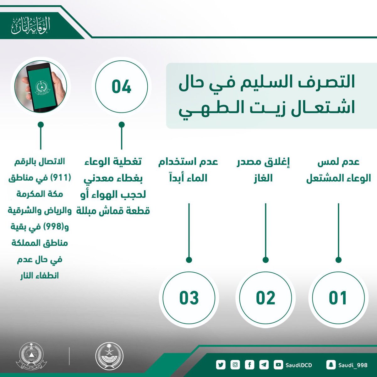 SaudiDCD's tweet photo. #لسلامتك  .. 
تعرف على التصرف السلیم في حال اشتعال زیت الطھي.

#الوقایة_أمان https://t.co/8gZXKPBn46