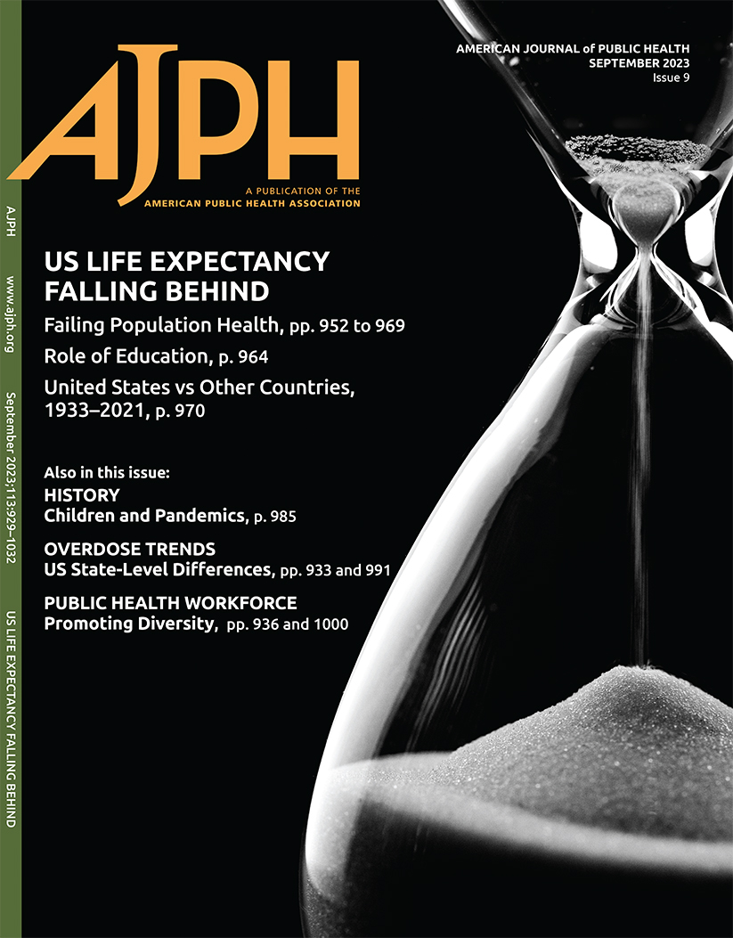 The September issue of AJPH is now online.

This issue features a special section on US life expectancy with select articles on the growing gap between the United States and other countries.

buff.ly/3QxQ9SV 

<a href="/AlfredoMorabia/">Alfredo Morabia</a> <a href="/PublicHealth/">APHA</a> #PublicHealth