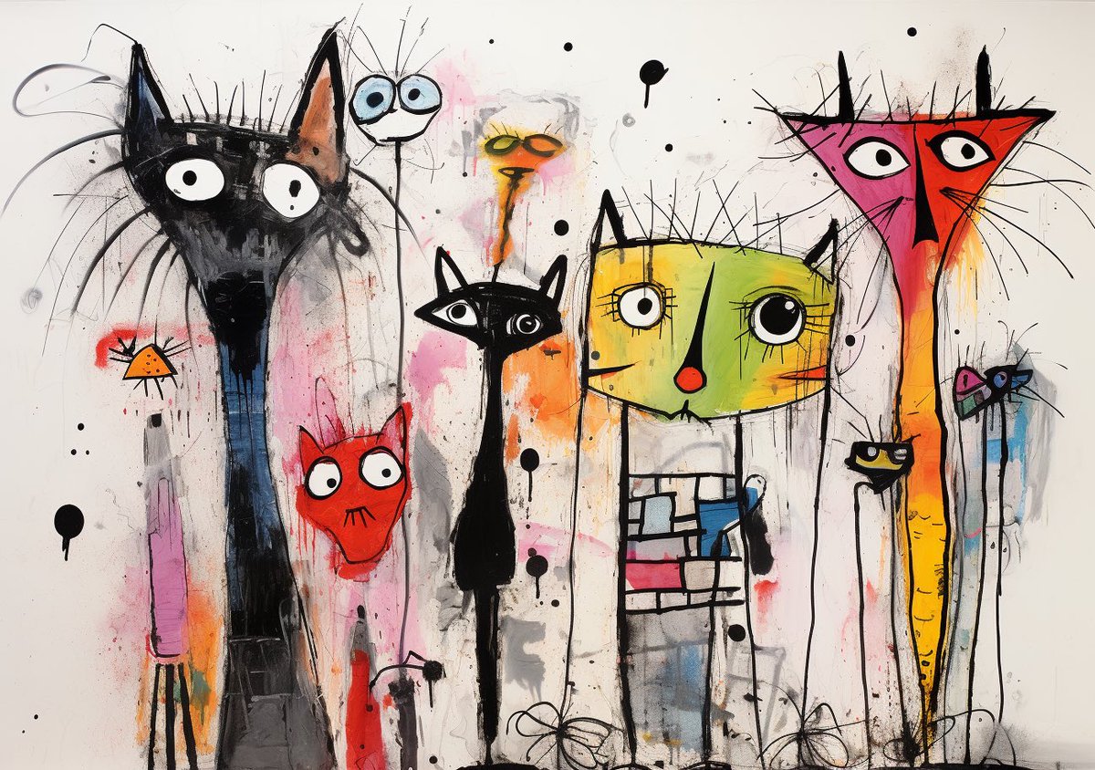 Midjourney #prompt
a painting with 4 colorful cats and 3 colorful Giraffes and one toddler standing by a old barn in the style of roger ballen, drippy paint splatters, doug hyde, pol ledent, intense emotional expression, quirky cartoonish characters, shiny big eyes
#ai