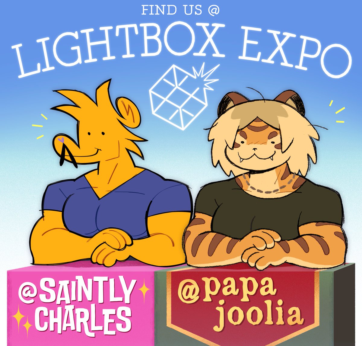 big news!! we’re sharing a table at this year’s Lightbox Expo!! Come see Julia Schoel (<a href="/papajoolia/">jul 🐯</a>) and Charles Kugler (<a href="/saintlycharles/">charles</a>) on Oct. 27-29 at the Pasadena Convention Center or die trying!!!!!!! 🦦🐅