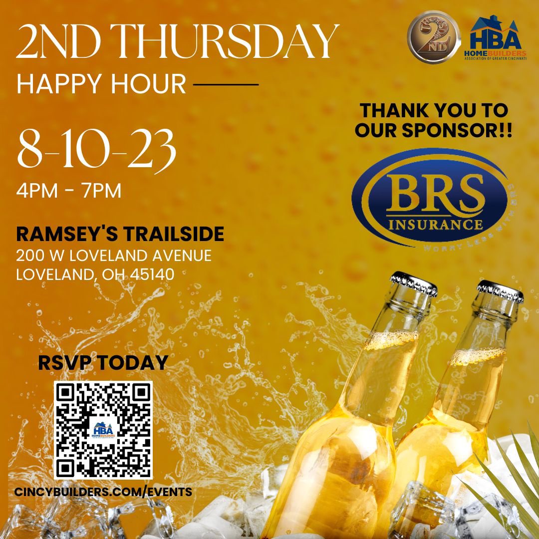 We hope to see you tomorrow for 2nd Thursday Happy Hour at Ramsey’s Trailside in Loveland, OH. Please be sure to RSVP at CincyBuilders.com/events by 2pm tomorrow. Thank you to our sponsor, BRS Insurance! @brsinsurance