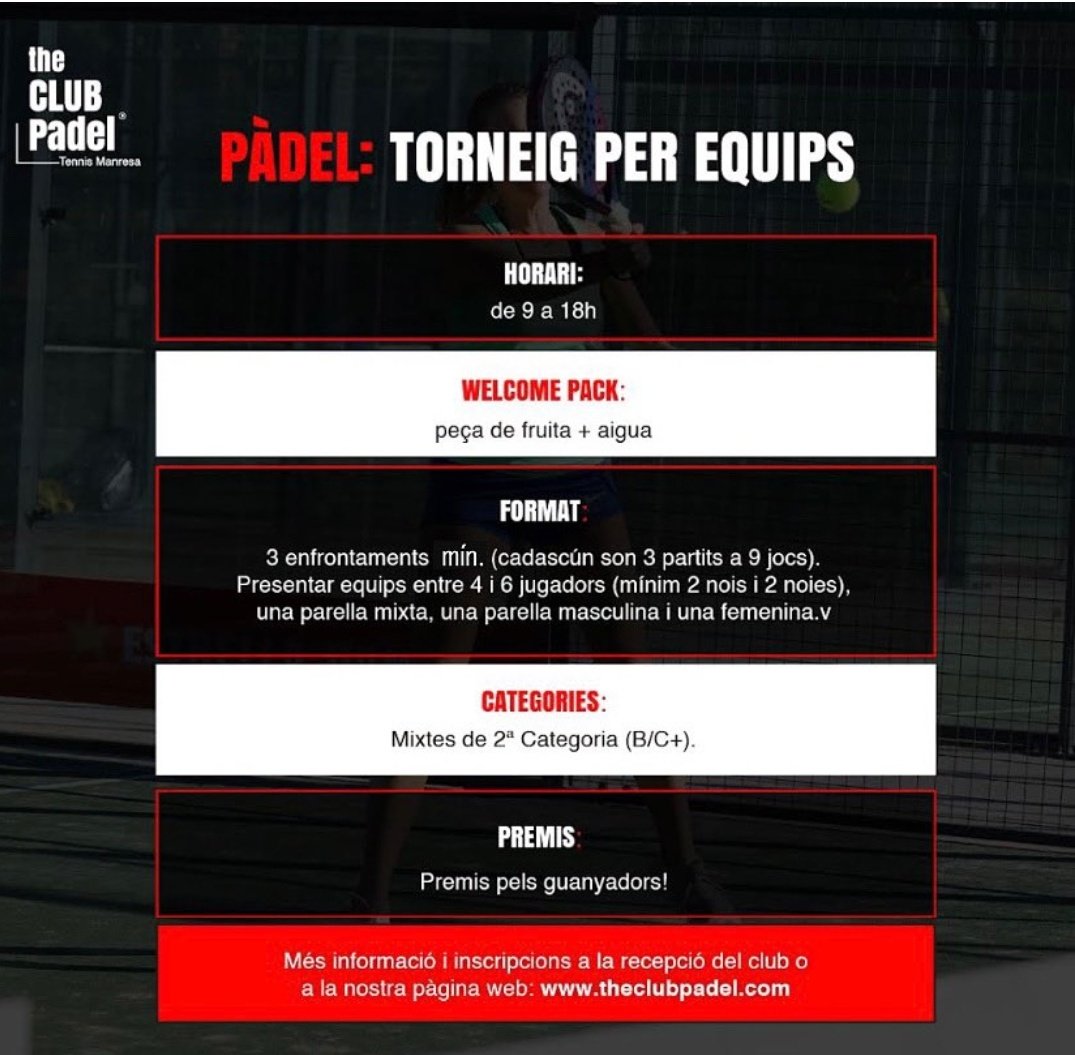 Des del #TheCLUBPadelTennisManresa ens afegim a la propera #FMM🎉de #Manresa amb els primers torneigs de #pàdel &amp; #tennis de Festa Major!🎾🎾🎾

Tota la info aquí i a la recepció del Club👇

Apunta't a la festa! T,esperem!