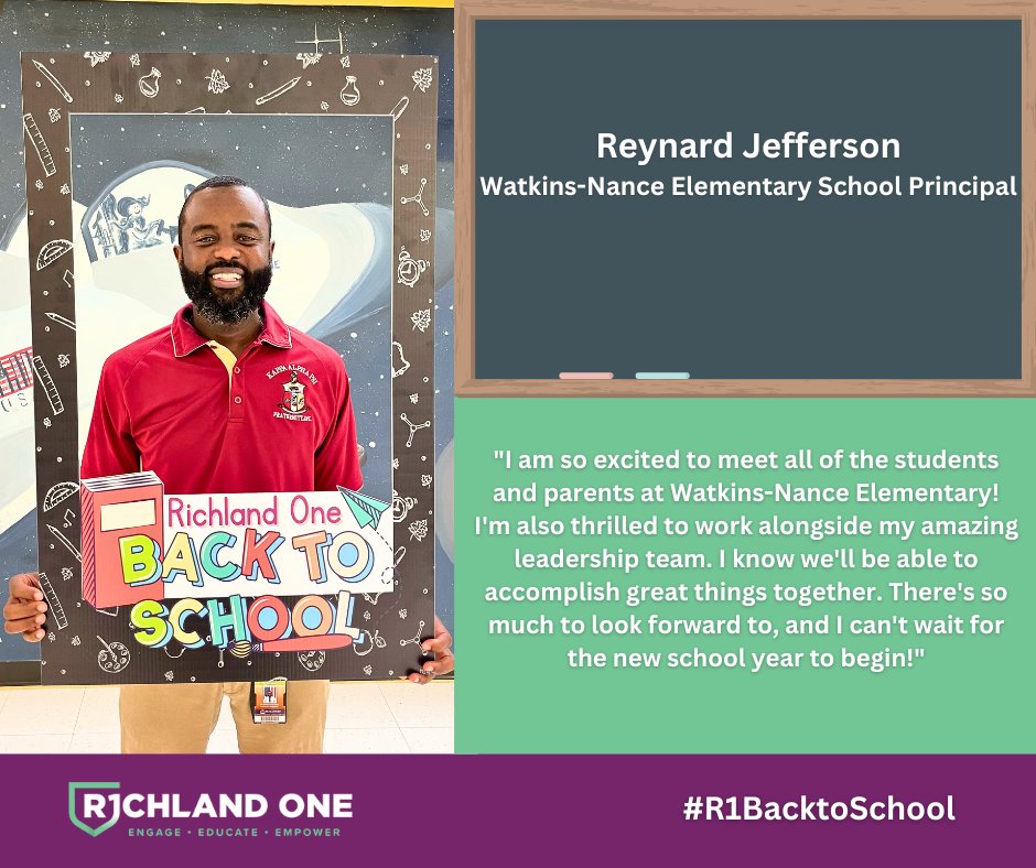 Richland One Schools (@richlandone) on Twitter photo It's hard to believe that school starts in just seven days! Reynard Jefferson, the new principal at <a href="/WNESrcsd1/">Watkins-Nance Elementary</a>, is pumped up for the new school year. #TeamOne #OneTeam #R1BacktoSchool It's hard to believe that school starts in just seven days! Reynard Jefferson, the new principal at <a href="/WNESrcsd1/">Watkins-Nance Elementary</a>, is pumped up for the new school year. #TeamOne #OneTeam #R1BacktoSchool