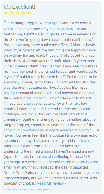 theDWshow's tweet photo. A new review lobbed in today. Reviews mean SO MUCH to podcasts. Thank you, bhtafe4.
#DWPD #DWPD2023 https://t.co/4QY6rxjuiL