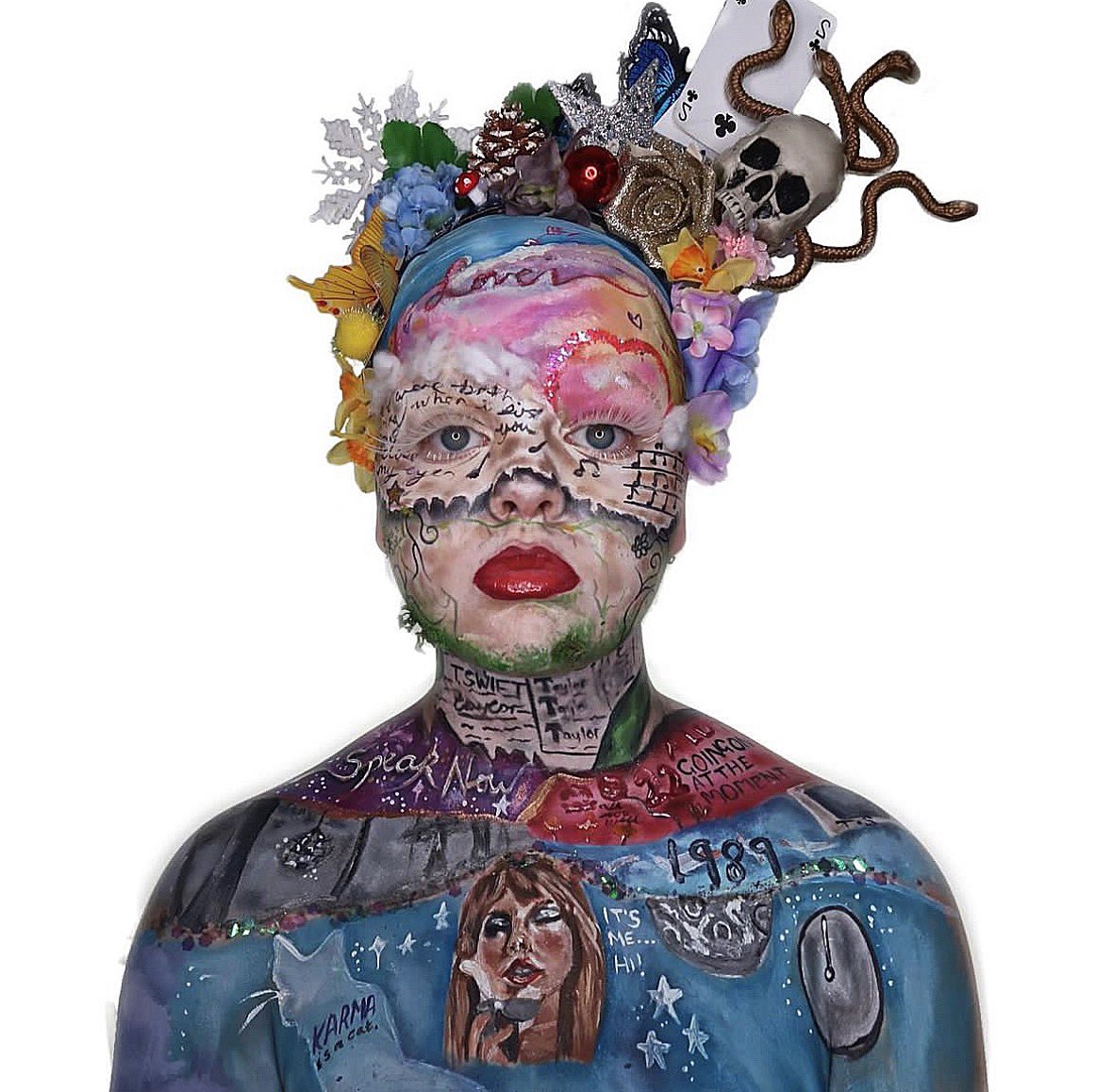 zoeeglenmakeup's tweet photo. @taylornation13 @CapitalOne really hoping today is the day you can see my eras tour bodypaint! i worked on this for 9 hours to show each era off with makeup and i’d cry if you saw it😭 so excited to attend the eras tour in edinburgh next year! ✨🫶🏻 #TSTheErasTour https://t.co/HHrplYbuYr