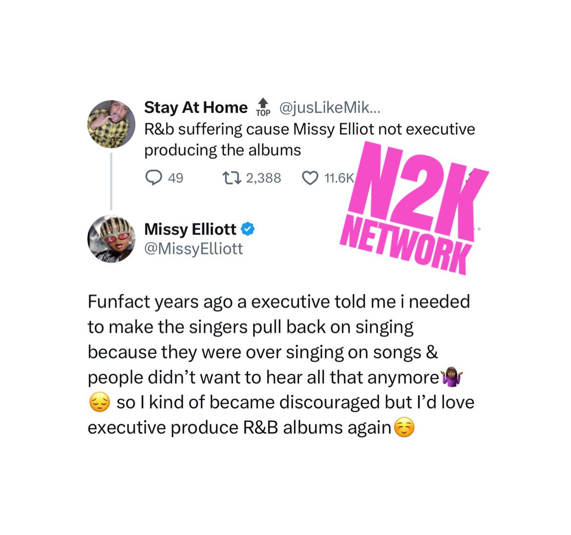 Need2KnowNET's tweet photo. There’s no doubt that Missy Elliott has an untouchable R&B sound. We can only imagine what an entire project executively produced by her could do for the current state of R&B. #iNeed2Know Who do you want her to lock in w/ first? https://t.co/3mejxe74Xw