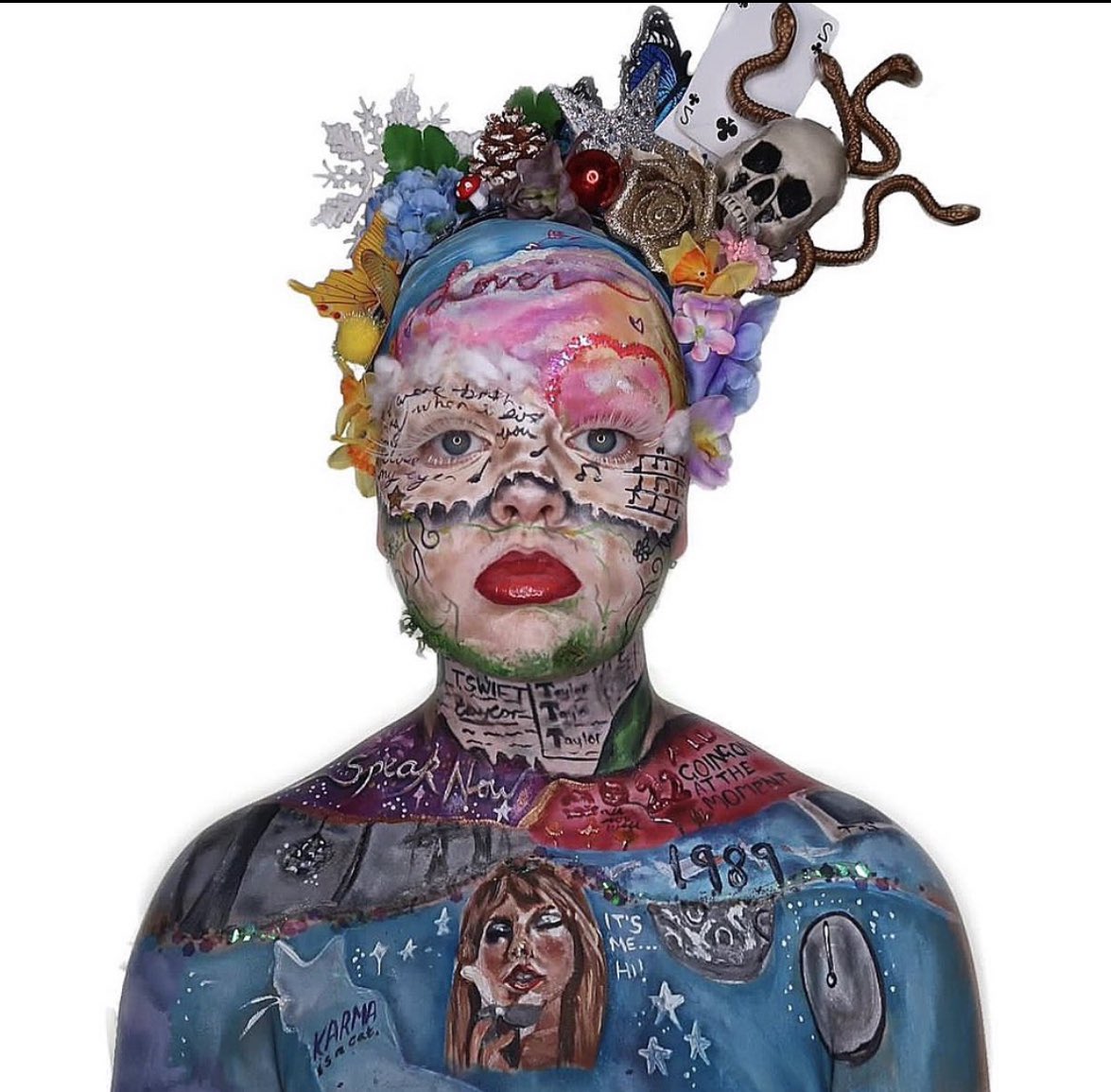 zoeeglenmakeup's tweet photo. @taylornation13 @CapitalOne really hoping today is the day you can see my eras tour bodypaint! i worked on this for 9 hours to show each era off with makeup and i’d cry if you saw it😭 so excited to attend the eras tour in edinburgh next year! ✨🫶🏻 https://t.co/RThNI0xx15