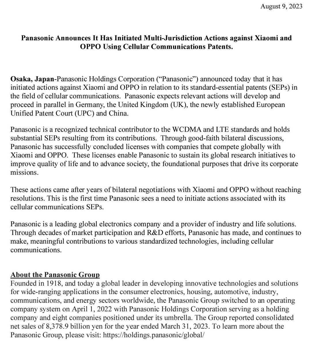 fabrizio_degni's tweet photo. #Panasonic announced it has initiated multi-juridiction action against #Xiaomi and #OPPO using cellular communications #patents.
It is as by the statement you can read below and download for #WCDMA and #LTE standards.
https://t.co/DzfC72pTO1
@AndroidPolice @androidcentral #tech https://t.co/xqlRE7ogVW