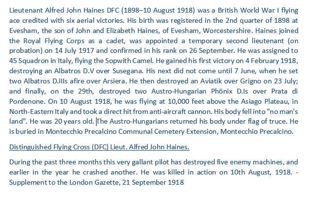 ron_eisele's tweet photo. Killed in action 10 August 1918 at Asiago Plateau, Italy, 6 victory 45 Squadron, Sopwith Camel ace Lieutenant Alfred John Haines DFC. https://t.co/JXrgarrTGl