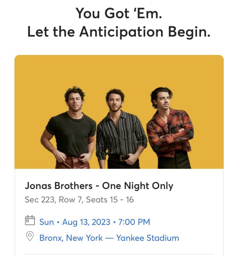 andreaangulot's tweet image. Con todo el dolor de mi corazón, vendo boleto para The Tour de los Jonas Brothers en NYC, este Domingo 13 de Agosto.

Lo vendo en $117 dlls, que fue lo que pagué por el. ($1989 pesos aprox al cambio de hoy)

Porfi denle RT para que llegue a alguien que si pueda comprarlo.❤️‍🩹